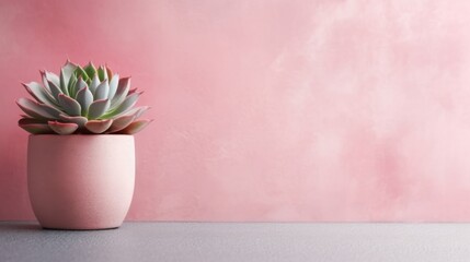 Succulent with soft pink painted concrete wall background. Negative space. Free space for text. Generative AI