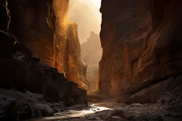 Fotobehang A photograph capturing the dramatic interplay of light and shadow in a canyon © KerXing