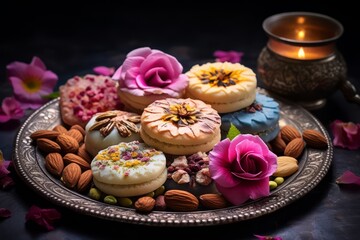 Obraz na płótnie Canvas A plate of Eid sweets with floral garnishes