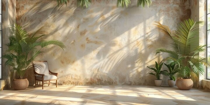 A chair, three potted plants, and a wall with sunlight streaming through windows.
