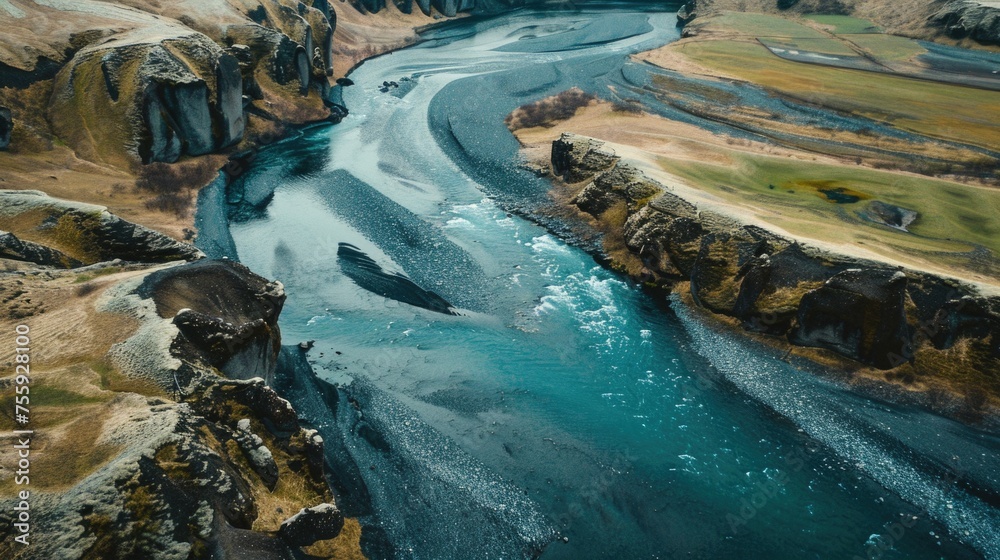 Poster aerial view of a river flowing through a scenic valley. suitable for nature and landscape concepts.