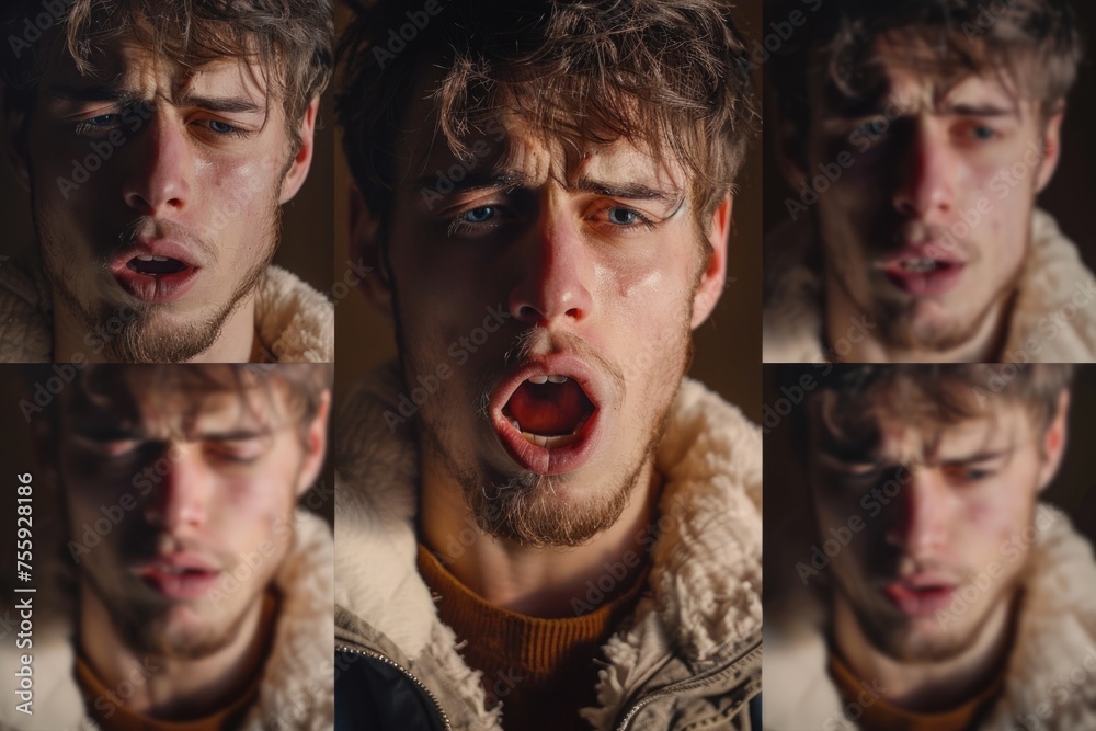 Poster series of pictures of a man making different facial expressions. ideal for illustrating emotions and
