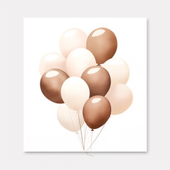 soft pastel balloons in dark brown shade neutral tone watercolor graphic art style in white background сreated with Generative Ai