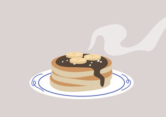 Aromatic Morning Delight, Fresh Pancakes With chocolate sauce on a Plate, A stack of warm, fluffy cakes topped with fresh bananas invokes a cozy breakfast ambiance