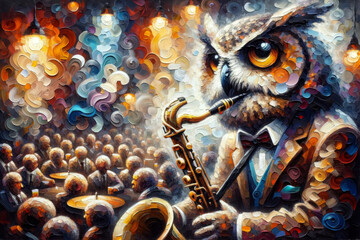 Owl playing saxophone in front of cheering crowd - obrazy, fototapety, plakaty