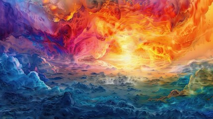 Abstract colorful painting of surreal sunset or sunrise textures landscape. AI generated image
