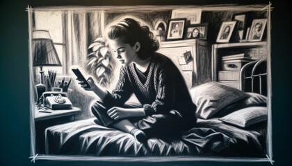 A young woman engrossed in her smartphone while sitting on a bed