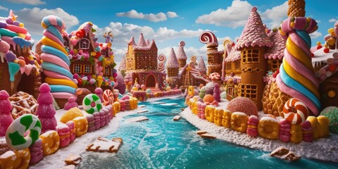 A whimsical and colorful candy village with houses made of confectionery delights and a river flowing with liquid sweetness. Resplendent.