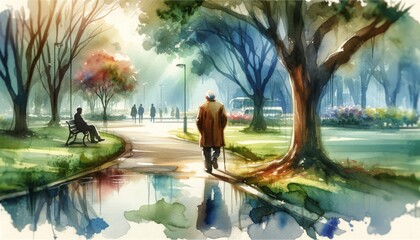 Obraz na płótnie Canvas Man walking alone on tree-lined path in serene park