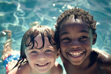 young kids at a swimming pool smiling at the camera