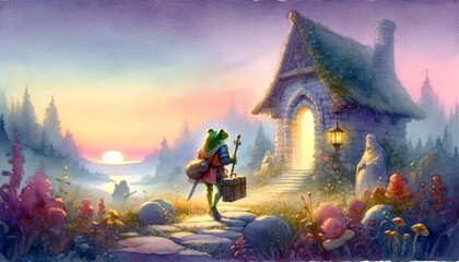 Frog-like creature journeying to a thatched cottage at sunset - obrazy, fototapety, plakaty