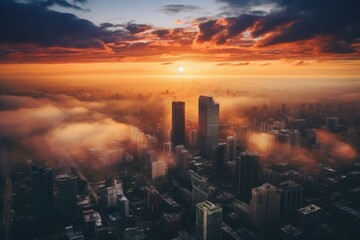 Aerial view of a bustling city during sunrise