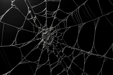 A detailed spider web captured in black and white, showcasing its delicate structure