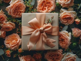A gift wrapped in a pink ribbon, surrounded by pink roses.