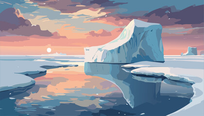 Sunset and iceberg in polar regions - obrazy, fototapety, plakaty