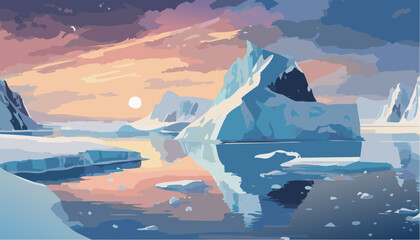 Sunset and iceberg in polar regions