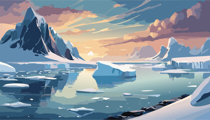 Sunset and iceberg in polar regions