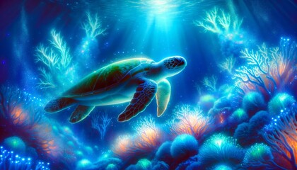 Fototapeta na wymiar Vibrant Sea Turtle Swimming in Coral Reef
