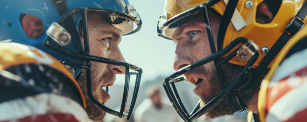 Close up side view portrait. Guys in protective helmets and uniforms, captains of rugby teams, look...