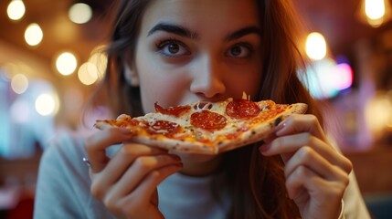 Young beautiful woman eating pizza in a cafe. Close-up - obrazy, fototapety, plakaty
