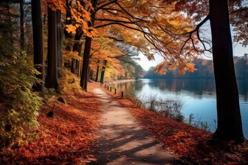 Autumn leaves on a tranquil lakeside trail