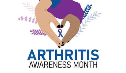 Arthritis awareness month. Hands making heart shape holding awareness ribbon