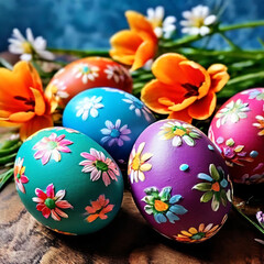 Fototapeta premium beautiful colored eggs with poppies for Easter 