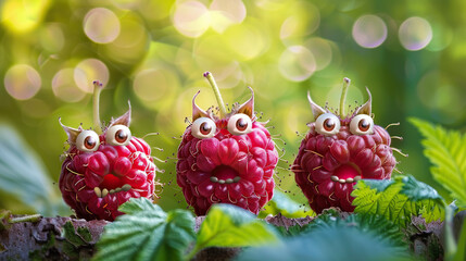 Three live raspberries with cheerful faces, big eyes and open mouths