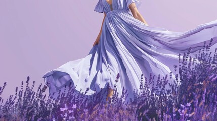 A serene painting featuring a woman gracefully standing in a blooming lavender field