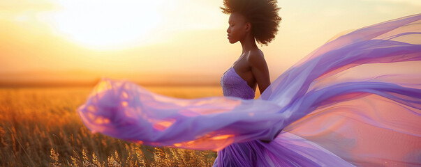 Portrait African American Woman in Lavender waving dress with flying fabric.