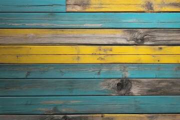 Fototapeta premium yellow and turquoise and brown and black and old used dirty outdoor weathered wood wall wooden plank board texture background 