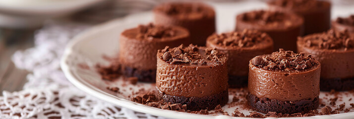 Series of mini chocolate mousse cakes displayed on a tablecloth.