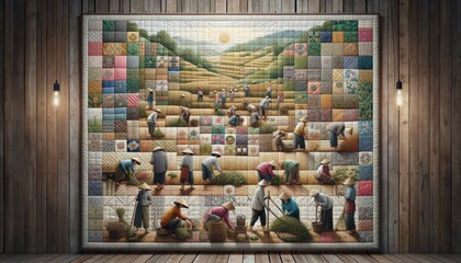 Large quilt artwork of rural agricultural scene