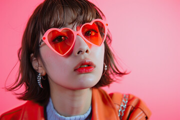 Obraz premium Studio portrait of a cool young Japanese woman posing wearing heart shaped love sunglasses