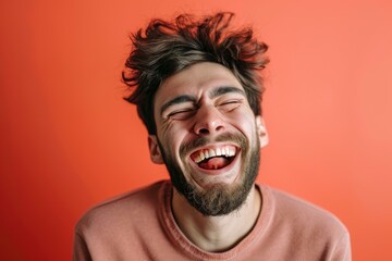 Actor laughter annoying. Happy and bearded young man with funny haircut. Generate AI