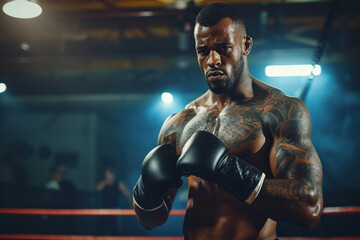 Fototapeta na wymiar Tattooed African American mixed martial artist with gloves standing in a ring, focused before a fight, opponent in background, intense sports competition, athletics competition event.