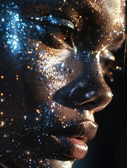 A conceptual portrait of a woman with shimmering glitter gracefully accentuating her facial features.