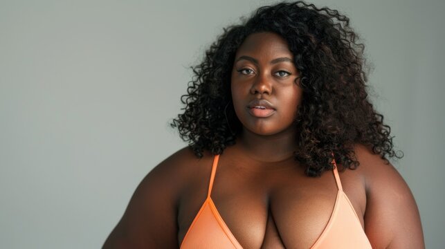 Plus size female in a swimsuit on grey background. Young woman in swimwear 