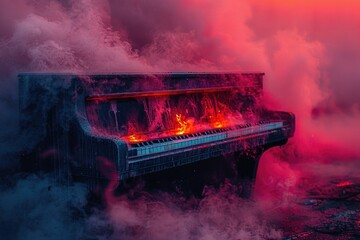 Classic black grand piano engulfed in a cloud of smoke.