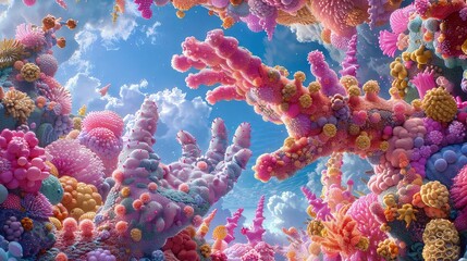 Colorful imaginary world of microbial bacteria sticking to hands on a bright sky background.