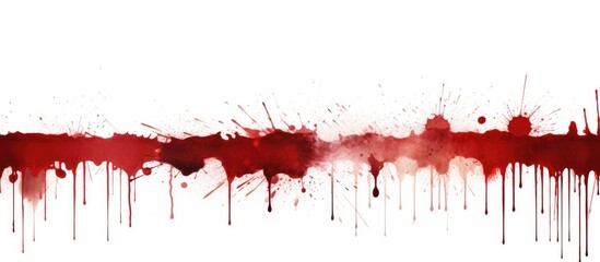 A white background is covered in red paint splatters and drips, creating a striking contrast between the two colors. The red paint appears to have been splattered with force, resulting in a dynamic