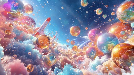 Fototapeta na wymiar Colorful Bubble Fantasy: Rocket Launching into Unknown Realms.