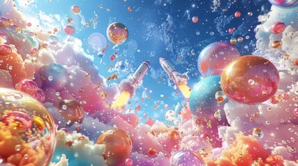 Obraz na płótnie Canvas Into the Colorful Unknown: Rocket Launch in a Bubble Fantasy Realm.