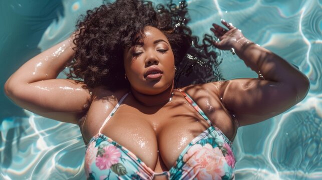 Plus size female in a swimsuit in pool. Young woman in swimwear 