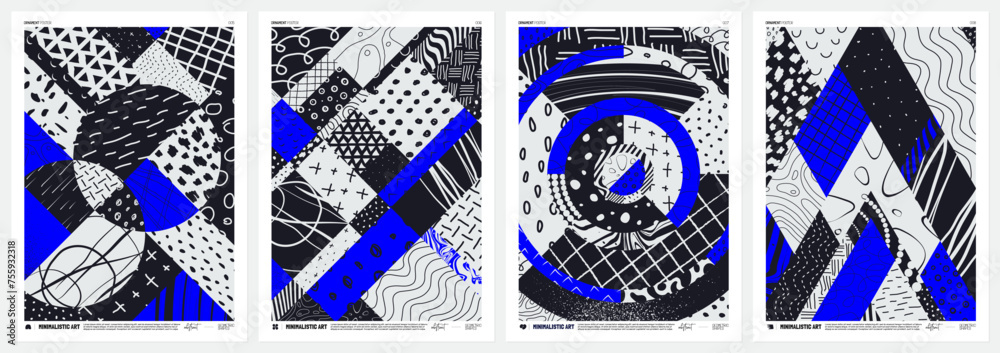 Aufkleber abstract vector geometric mosaic posters with bizarre monochrome motley pattern in patchwork style, 