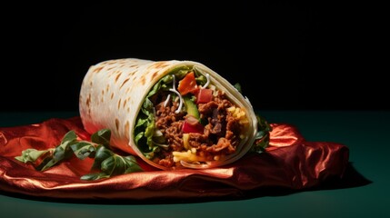A delectable wrap overflowing with savory meat and vibrant vegetables on a rich red cloth