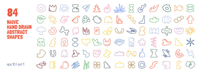 Set of contours of various unusual figures drawn hand, Linear scribble with a pencil or marker, Curve silhouettes minimal bizarre abstract playful geometric shapes, Simple childish art element, set 1