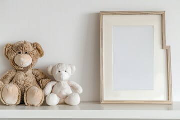 two teddy bears and a wooden frame on the shelf with light background