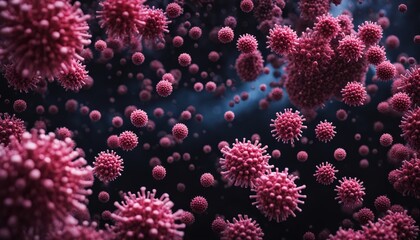Naklejka na ściany i meble Highly detailed illustration of pink virus particles on a dark blue backdrop, symbolizing outbreak and infection