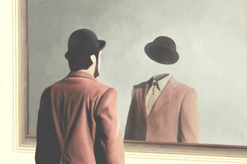 Illustration of man in front of mirror reflecting himself without face, identity absence surreal concept - obrazy, fototapety, plakaty